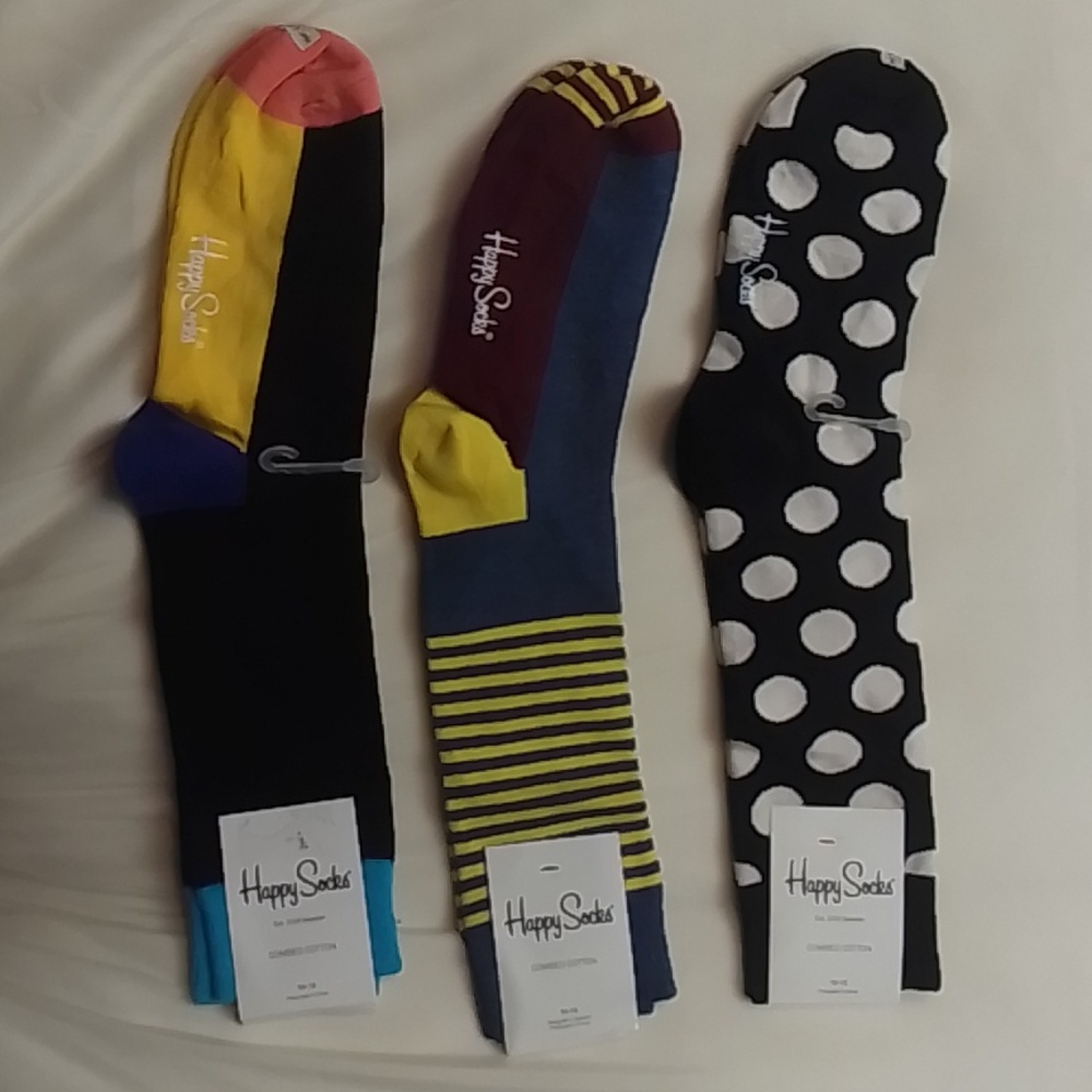 3 pairs of Happy Socks, unused, size 10-13 (fits me fine, size 9.)